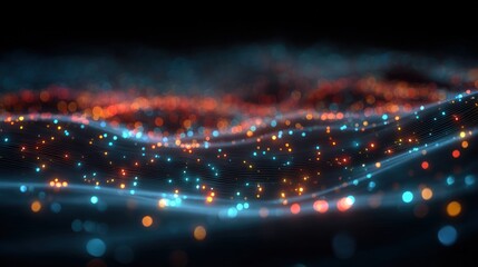 Poster - Digital wave of glowing orange and blue particles forms a dynamic, abstract data landscape on a dark background.
