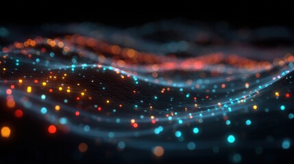 Poster - Abstract digital wave composed of glowing blue and orange dots connected by lines on a dark background, evoking a futuristic and technological vibe.