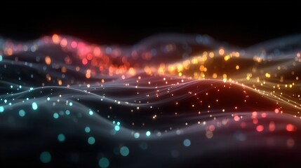 Poster - Abstract digital waves with glowing particles in vibrant colors, creating a futuristic, dynamic landscape of light and movement.