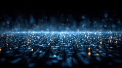 Poster - A futuristic digital landscape with glowing blue and orange lights resembling a high-tech circuit board or data flow in a dark environment.