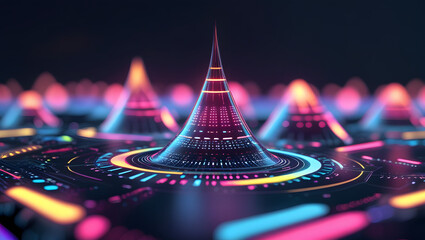 Wall Mural - Abstract futuristic landscape featuring glowing pyramids and circular patterns, creating a vibrant and technological scene with depth of field.