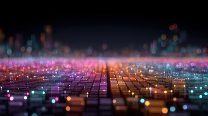 Poster - A futuristic digital landscape with glowing cubes and vibrant bokeh lights in purple, orange, and blue hues fading into a dark background.