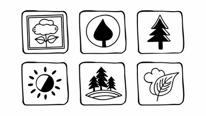 Poster - Illustration of nature themed icons including a flower, tree, sun and leaf in black and white style created with generated ai