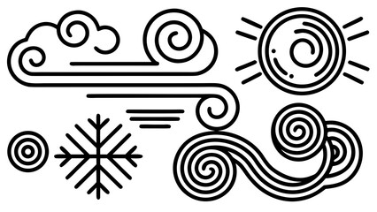 Poster - Stylized weather icons depicting sun clouds wind and snowflake in a line art style simple and minimal created with generated ai