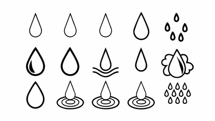 Poster - Collection of various water droplet icons with different styles and representations in black and white line art created with generated ai