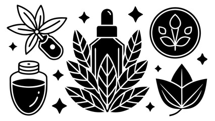 Poster - Botanical illustration featuring essential oil bottles leaves and stars in a minimalist black and white style created with generated ai