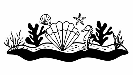 Poster - Illustration of a seahorse, starfish, and seashells among seaweed on a sandy ocean floor scene created with generated ai