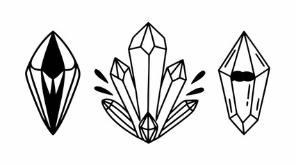 Poster - Three black and white crystal formations with geometric shapes and line art in a simple illustration created with generated ai