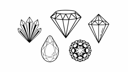 Poster - Illustration of five different geometric shapes including diamonds and crystals in black and white line art created with generated ai