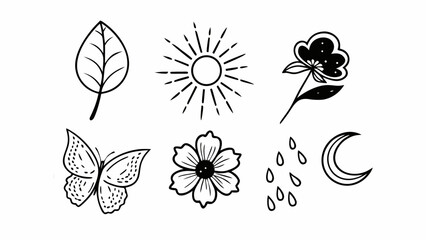 Poster - Illustration of nature elements including a leaf sun butterfly flowers rain and moon in black and white created with generated ai