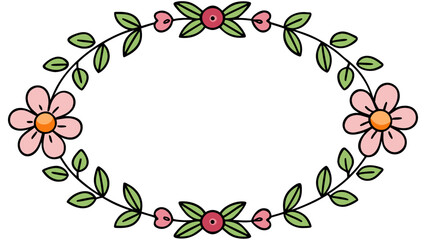 Poster - Oval floral frame with pink flowers green leaves and small pink hearts in a decorative arrangement created with generated ai