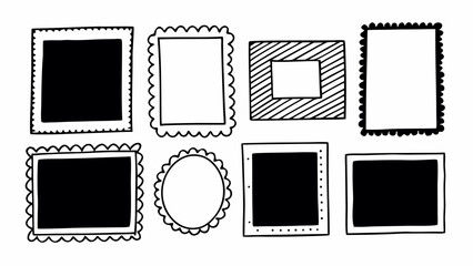 Poster - Collection of eight hand drawn frames with different shapes and decorative borders in black and white created with generated ai