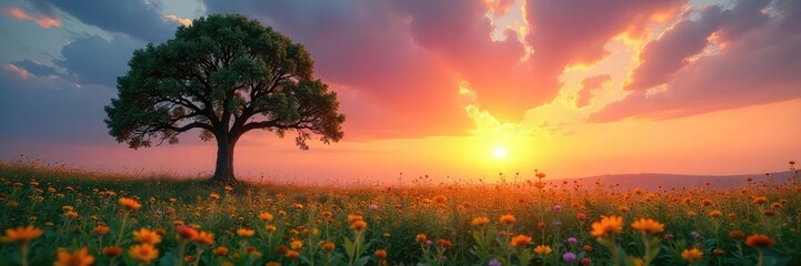Wall Mural - A solitary tree stands amidst a field of wildflowers, its branches reaching towards a vibrant sunset sky; a serene scene blending isolation with natural beauty , isolated, vibrant, flower