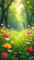 Wall Mural - A vibrant spring meadow bursting with wildflowers and lush green grass, sunlight dappling through the leaves, conveying a sense of carefree joy and renewal , pastoral, serenity