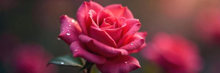 Wall Mural - Close-up of a single, velvety rose, dew drops clinging to its petals, soft light illuminating its delicate form  Perfect for mindfulness, relaxation, and spa themes ,  delicate,  dew