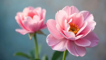 Wall Mural - Close-up of delicate, freshly bloomed flowers, petals unfurling like a gentle breath, soft pastel colors, ethereal and serene , freshness, tranquility, nature