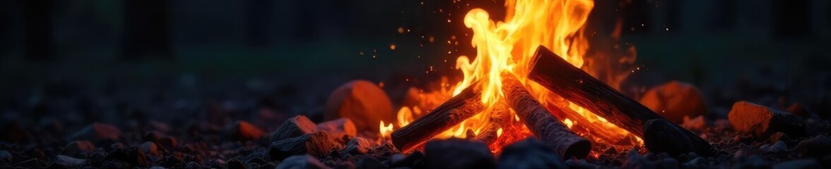 Wall Mural - close-up shot of a natural, crackling bonfire burning brightly in the darkness, embers glowing inten