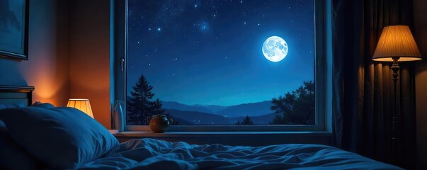 Wall Mural - Dark, starlit night sky visible through a bedroom's open window, moonlight illuminating the ceiling; serene, peaceful, nighttime scene , celestial, comfort