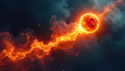 Wall Mural - intense fiery orb streaks across a dark, smoky background, leaving a blazing trail perfect for fanta