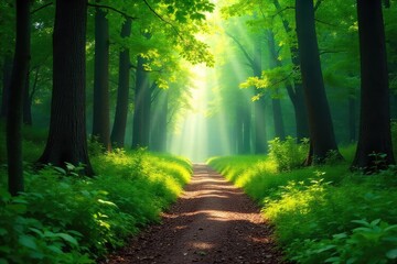 Sticker - Serene path meanders through lush greenery, sunlight dappling the leaves, creating a magical forest trail Perfect for hiking, nature, and peaceful escape imagery , sunlight, trees