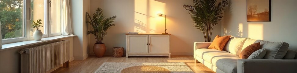 Wall Mural - Soft, warm light illuminates a beautifully decorated room, creating a cozy and inviting atmosphere Perfect for home decor, interior design, and lifestyle blogs , dreamy, comfortable