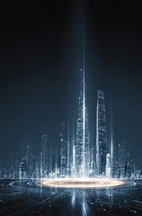Poster - Futuristic cityscape with glowing skyscrapers and digital circuit-inspired elements
