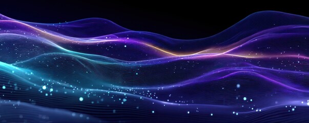 Poster - Abstract colorful waves with particles on a dark blue background