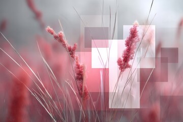 Poster - Beautiful abstract pink and white composition with grass and geometric overlay