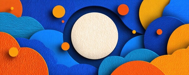 Poster - Colorful layered geometric art with blue, orange, and white elements