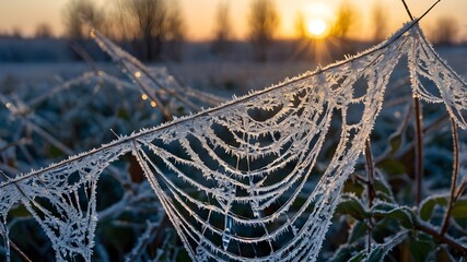 Intricate spiderweb covered in delicate frost crystals during a cold sunrise