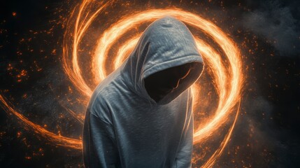 Wall Mural - hooded figure shrouded in swirling fire and smoke.