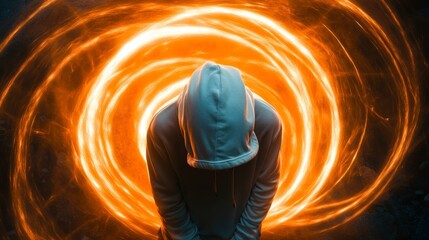 Wall Mural - hooded figure stands before swirling fire light trails.