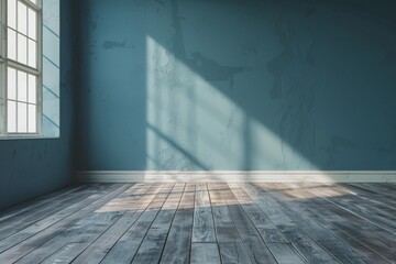 Poster - Empty room with blue wall, wooden floor and sunlight illuminating through window