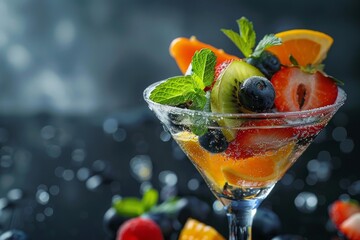 Poster - Cocktail glass filled with sparkling water, various sliced fruits, and mint leaves creates a refreshing summer drink