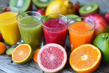 Poster - Four glasses of colorful fresh fruit juices surrounded by various fruits on a rustic wooden table promote healthy eating habits