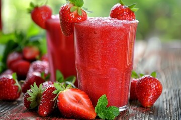Poster - Glass of strawberry smoothie decorated with fresh strawberries and mint on rustic wooden table