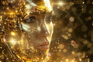 Poster - Golden cyborg woman emerging from a cloud of technological particles, embodying the fusion of technology and humanity