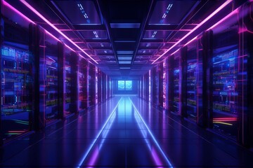 Poster - Server racks glowing with neon lights in modern data center, symbolizing digital information and technology