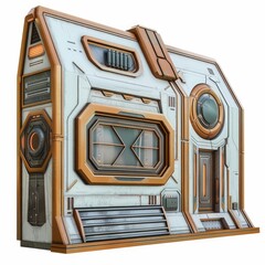 Poster - Futuristic building facade featuring orange accents and a large window, perfect for any project needing a sci fi touch