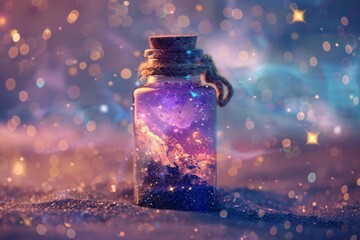 Wall Mural - small glass jar with cork lid containing colorful nebula and shining stars resting on glitter sand