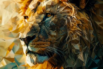Poster - Polygonal lion emerging from golden light, showcasing a majestic and powerful presence