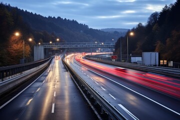 Poster - Cars driving on highway at dusk, creating light trails, under a bridge, between hills
