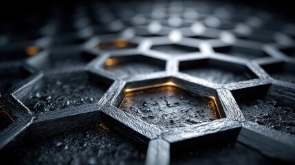 Industrial aesthetic hexagonal solar panel texture close-up for sustainable energy projects, tech presentations, or green initiative marketing materials.