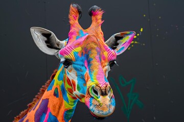 Poster - Close up of a giraffe's head showcasing vibrant, multi colored body paint against a dark backdrop