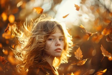 Poster - Blonde girl enjoying a beautiful autumn day as golden leaves swirl around her in a magical, sunlit forest