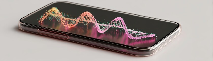 Poster - A smartphone lies flat on a surface displaying a colorful, three-dimensional digital graph with wave-like peaks and valleys on its screen, Birds-eye view of phone with translucent AI DNA analysis