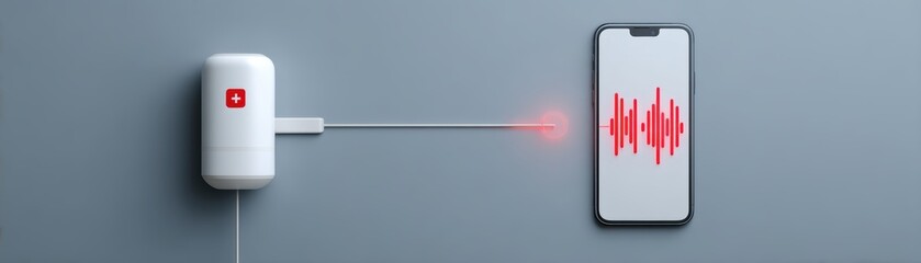 Poster - A modern laser device connected to a smartphone displaying a red waveform on its screen, Clean white environment with mobile showing pulse