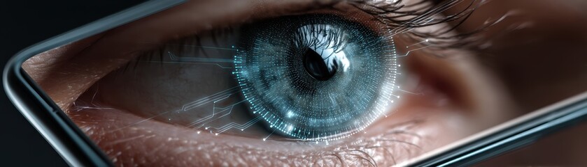 Poster - Close-up of a blue human eye reflected on a smartphone screen with digital circuit patterns, symbolizing technology and human-computer interaction, Close-up of AI-driven phone camera scanning retina 