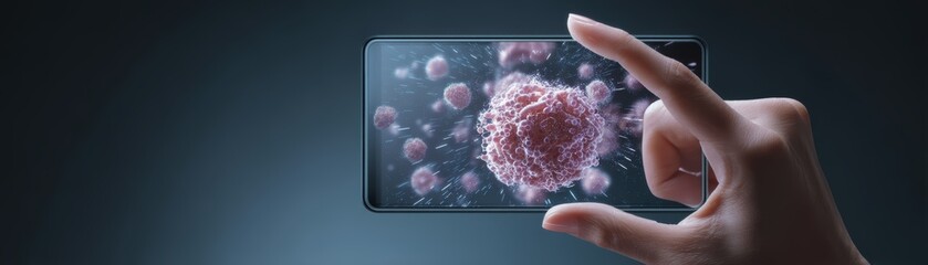 Poster - A hand holding a smartphone displaying an enlarged virus, symbolizing digital health monitoring or virus detection technology, hand rotating mobile screen projecting virus