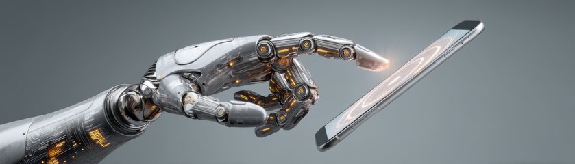 Poster - A robotic hand interacts with a smartphone, illustrating advanced technology and human-machine interface, Close-up of hand rotating mobile screen projecting AI data